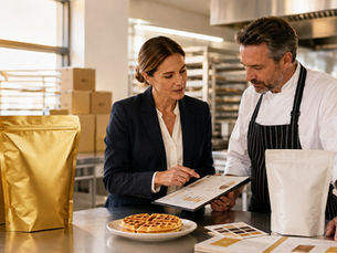 Foodservice buyer and chef comparing branded and private-label commercial waffle mix in a UK test kitchen
