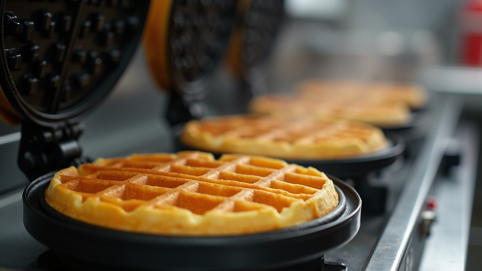 Eye-level view of a commercial waffle machine with golden waffles cooking inside
