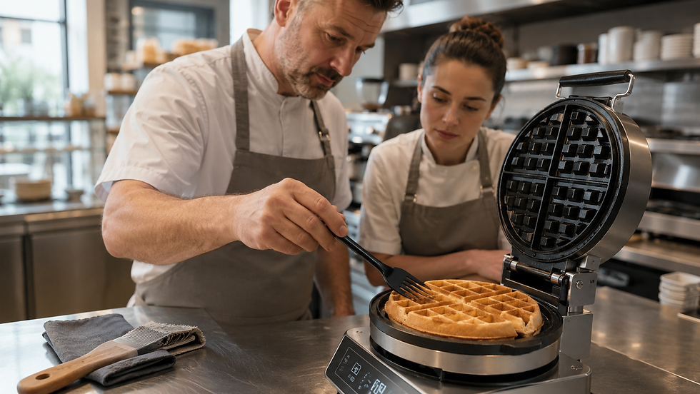 Chef troubleshooting a waffle sticking to clean commercial waffle machine plates