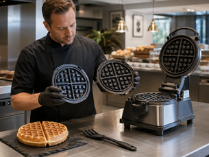 Hospitality chef inspecting replacement commercial waffle plates beside an open waffle machine