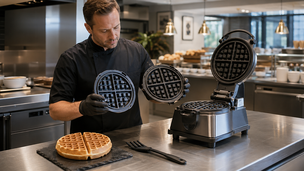Hospitality chef inspecting replacement commercial waffle plates beside an open waffle machine