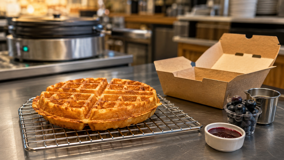 Fresh commercial Belgian waffle cooling on a wire rack beside vented takeaway packaging