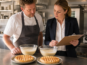 Chef and operations manager comparing commercial waffle mixes during a controlled supplier trial