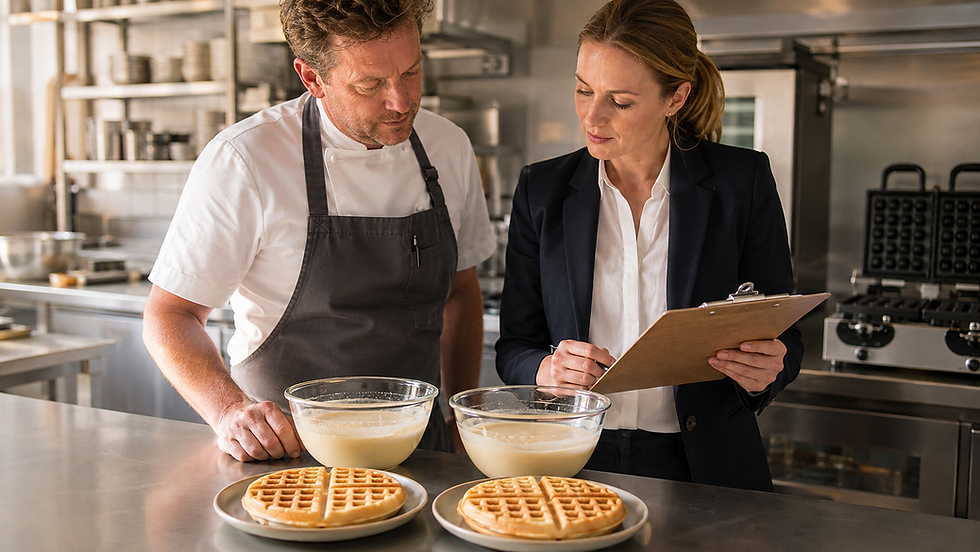 Chef and operations manager comparing commercial waffle mixes during a controlled supplier trial