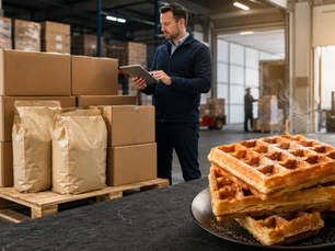 UK commercial waffle mix prepared for international foodservice distribution beside golden Belgian waffles