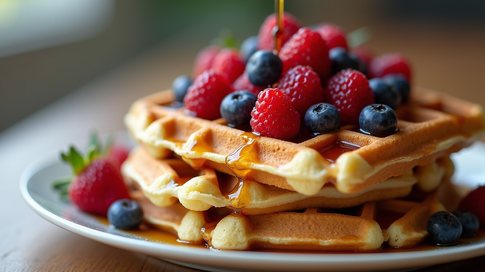 Eye-level view of a stack of golden waffles topped with fresh berries and syrup