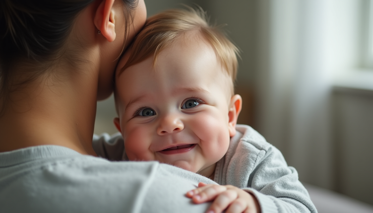 Blizak prikaz bebe u naručju roditelja, beba ima blagi osmijeh i mirno diše