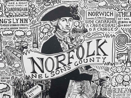 Norfolk art print gift. Norfolk wall art detail featuring central motif of Norfolk, Nelson's County surrounded by key places in Norfolk such a s Kings Lynn, Norwich, Burnham Market, Holt, Swaffham, Sandringham etc. This is a mainly typographic illustration in black and white by James Illustrates.