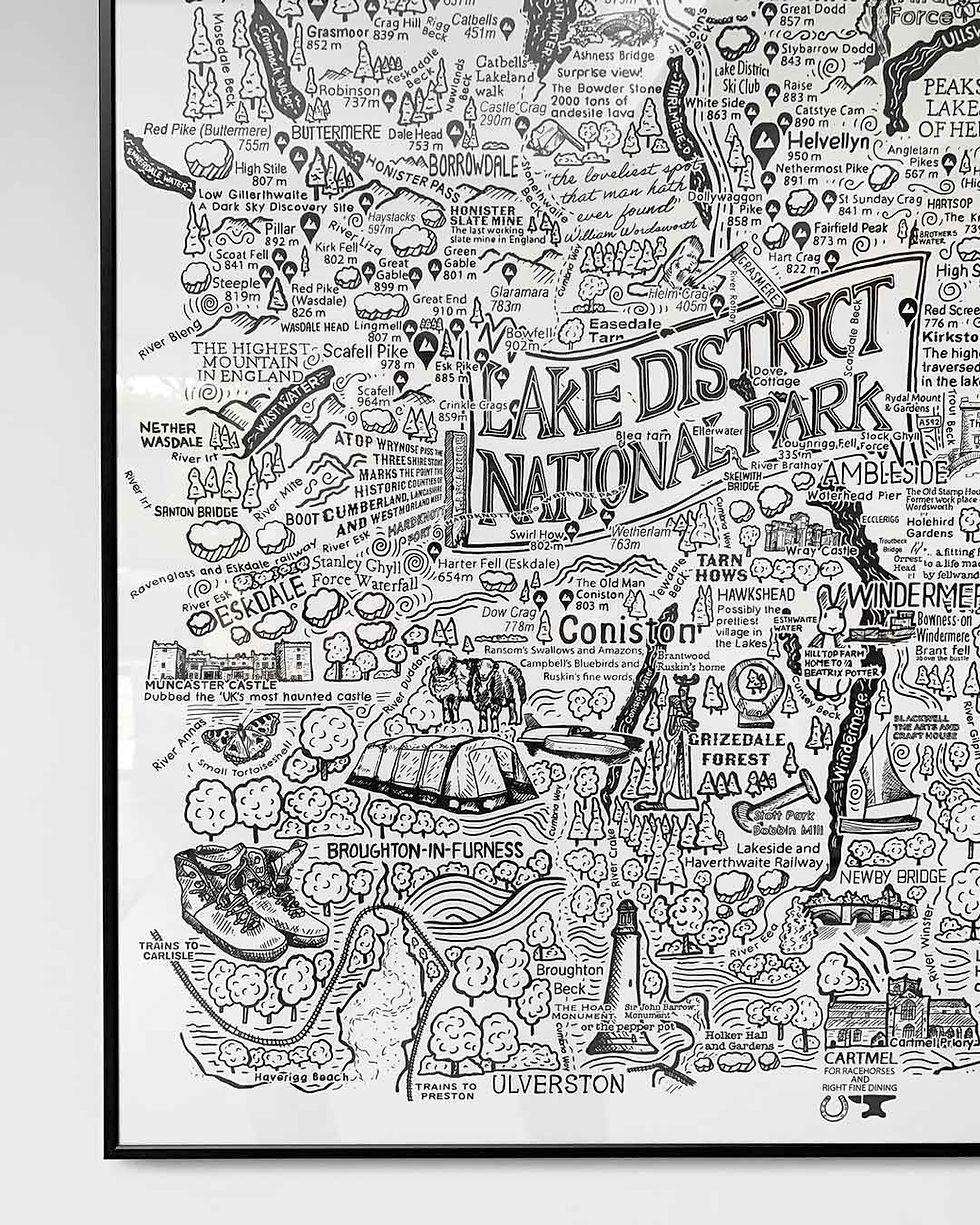 Thumbnail: Bottom left detail of The Lake District poster wall art illustrated map