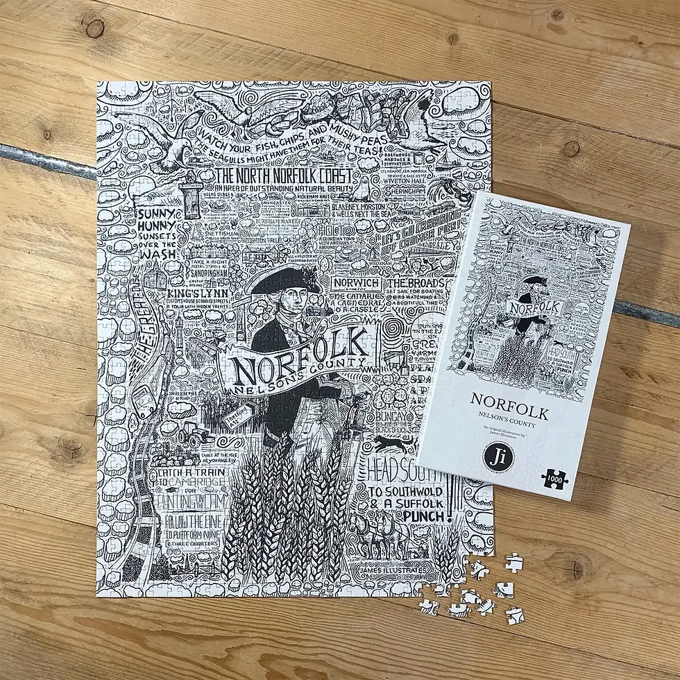 A 1000 piece Norfolk jigsaw puzzle laying on a wooden dining table