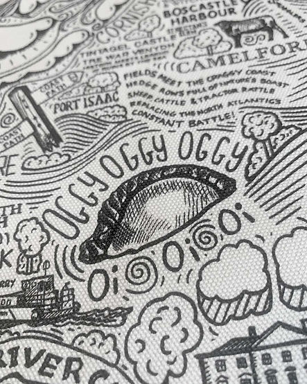 A zoomed in detail of James Illustrates Cornwall map featuring the saying oggy oggy oggy, oi oi oi.