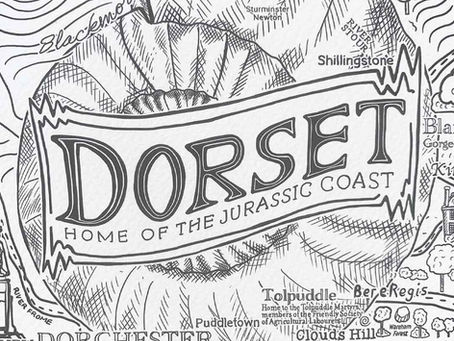 Dorset map illustration by James Illustrates. This detail shows the central motif with an ammonite and Dorset Home of the jurassic coast along with places such as Dorchester, Lulworth castle Beere Regis, Tolpuddle, Sherborne and Shillingtone.