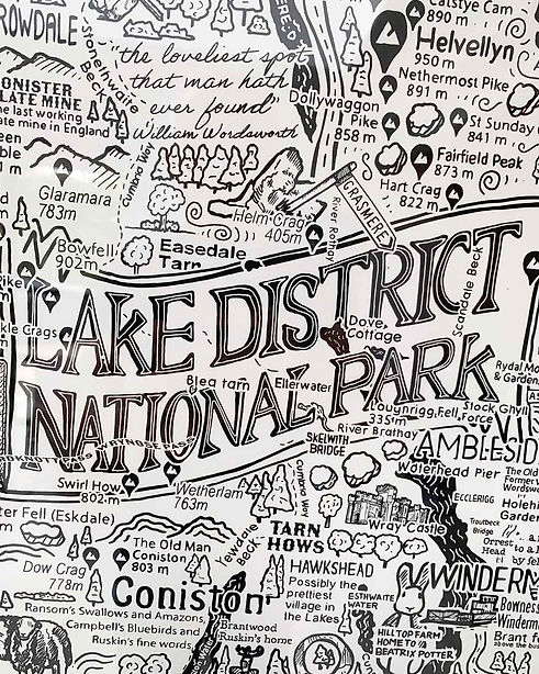 Lake District National park illustrated map central detail by James Illustrates