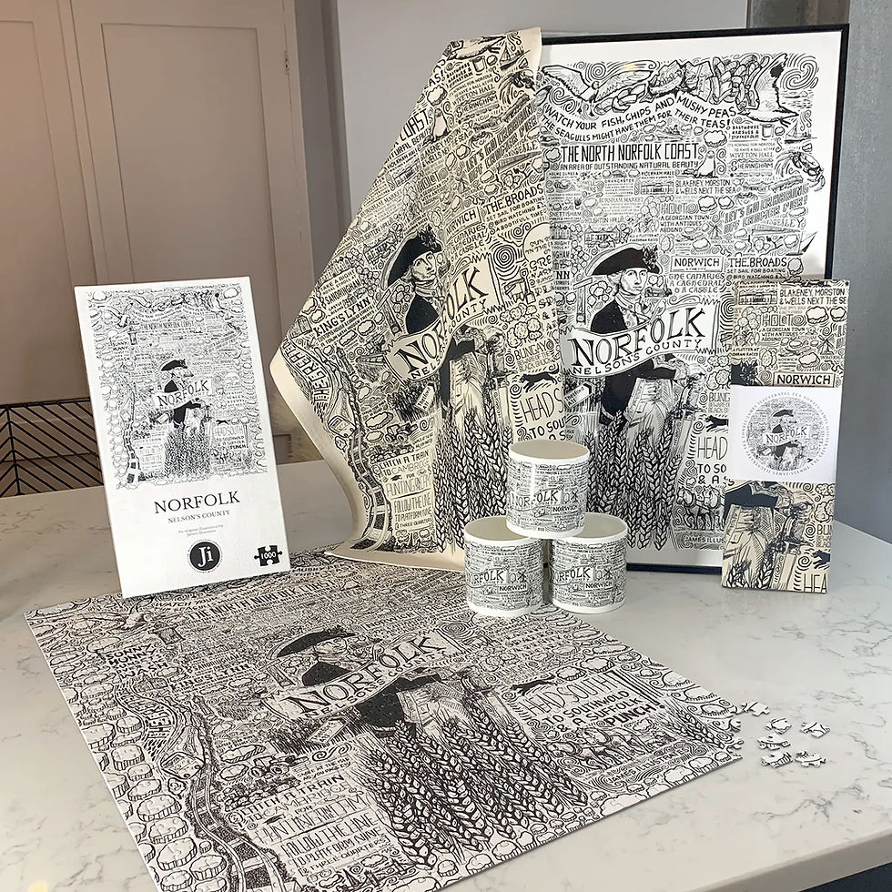 james illustrates Norfolk collection featuring tea towel, jigsaw puzzle, bone china mug and art print on a white kitchen worktop