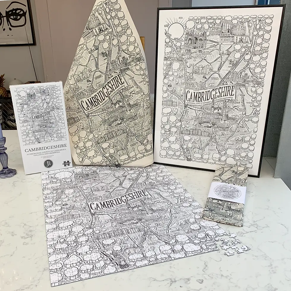 James Illustrates Cambridgeshire Father’s Day gifts including Cambridgeshire wall art, 1000-piece jigsaw puzzle and tea towel