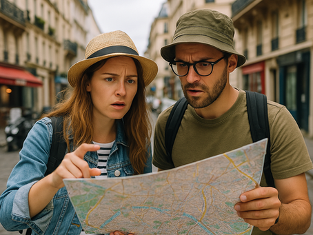 2 touristes regardent une carte et sont perdus à Paris parce qu'ils ne parlent pas français
