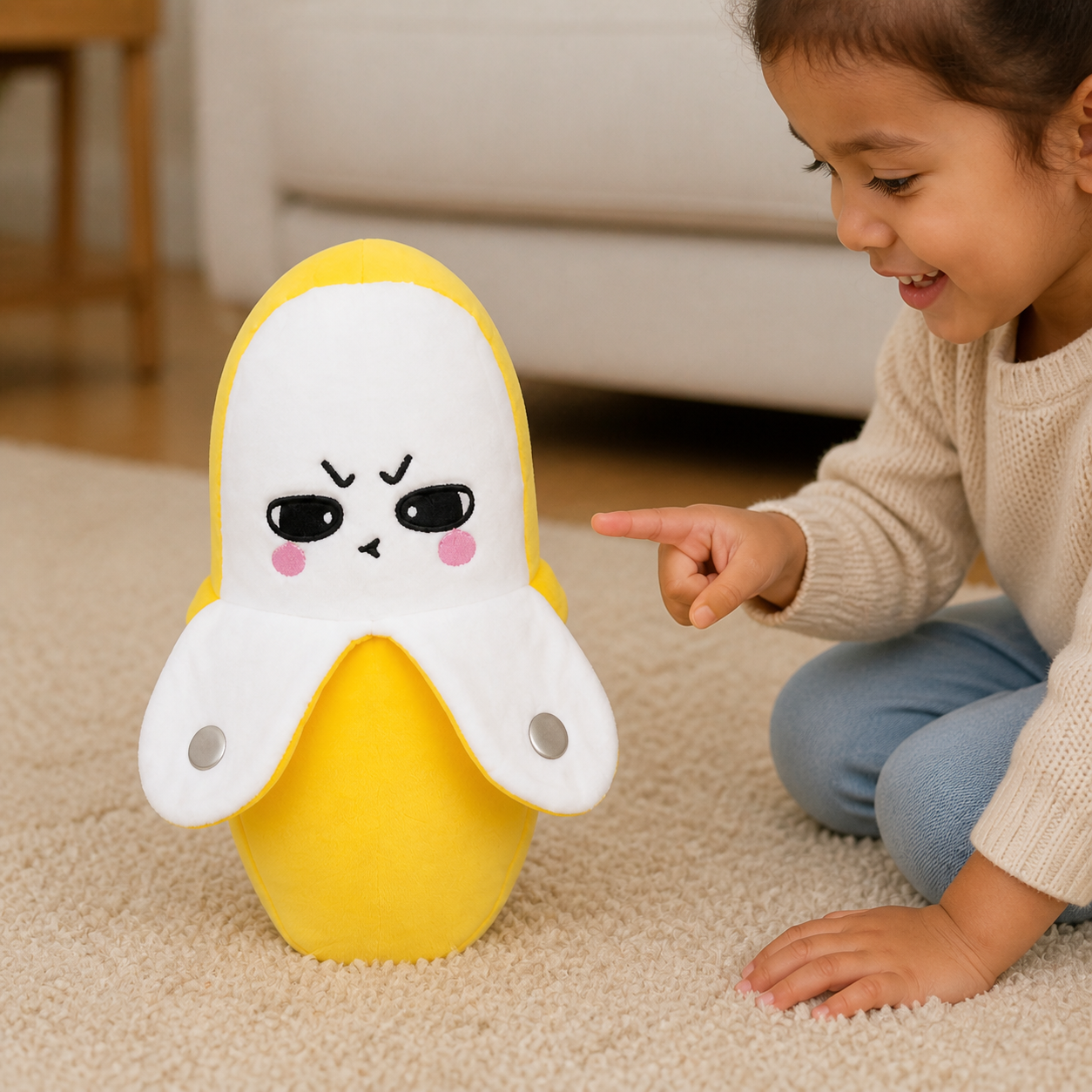 Creative Fruit Induction Metronome Sensory Banana Plush Toy — close view of the banana plush’s face, soft fabric and separate arms while a child points nearby
