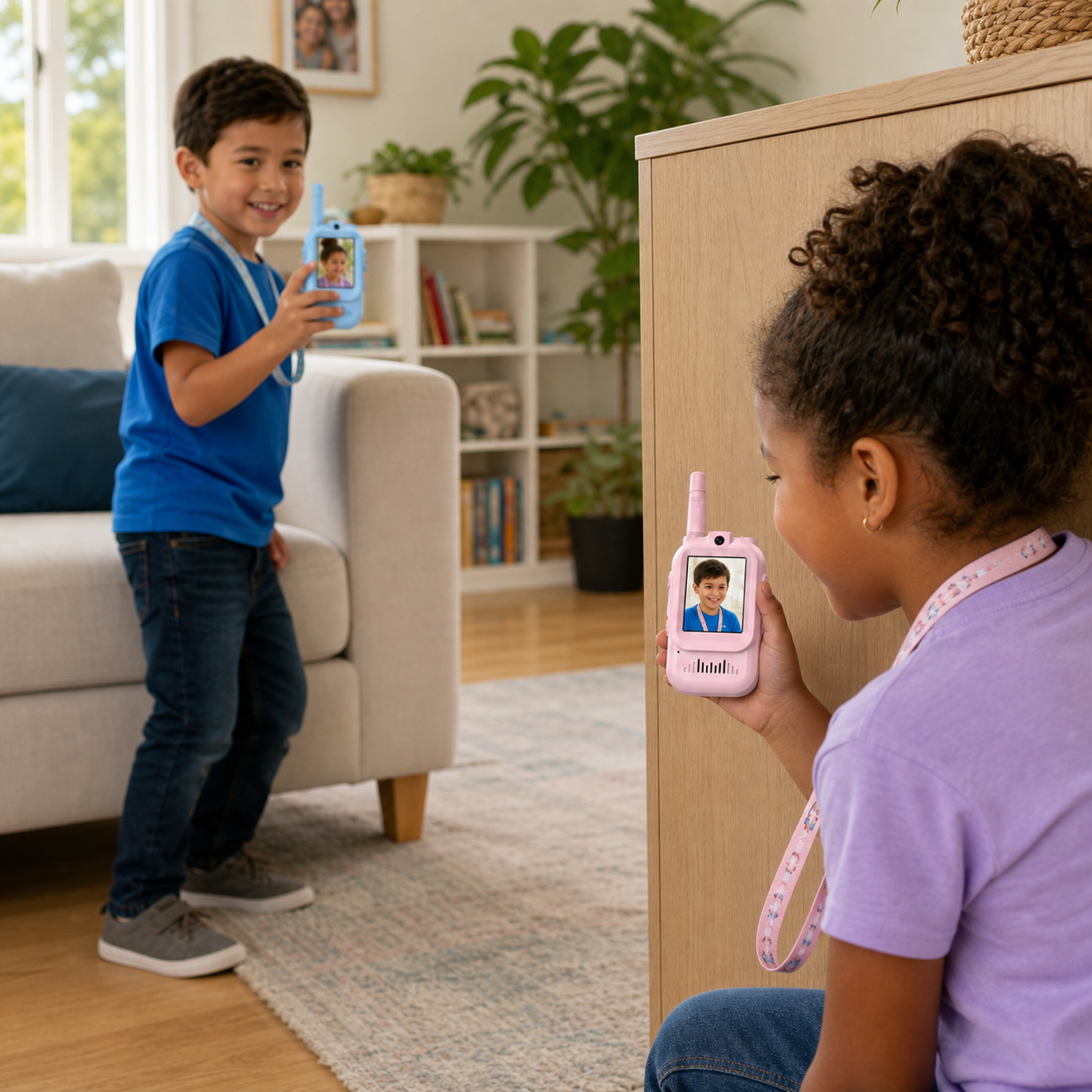 Two young children using pink and blue video walkie talkies in separate rooms