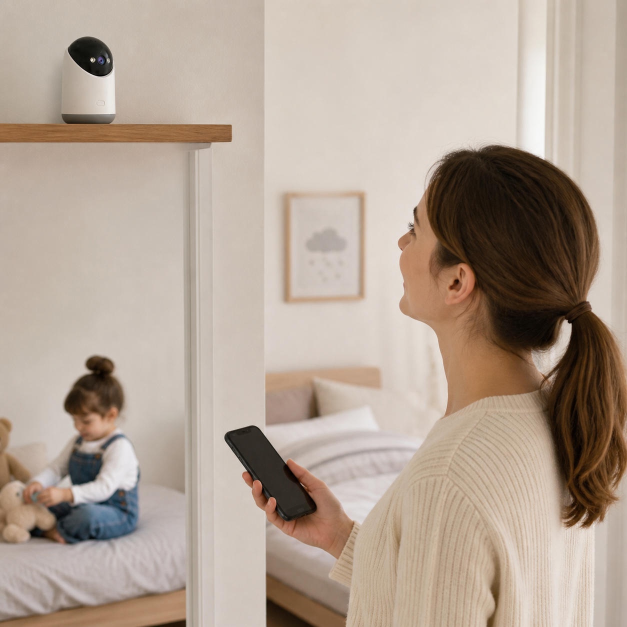 Lenovo 5mp 5g WiFi Camera Indoor Home Security — close view of the camera securely positioned high on a shelf with lens aimed toward the room and cord concealed