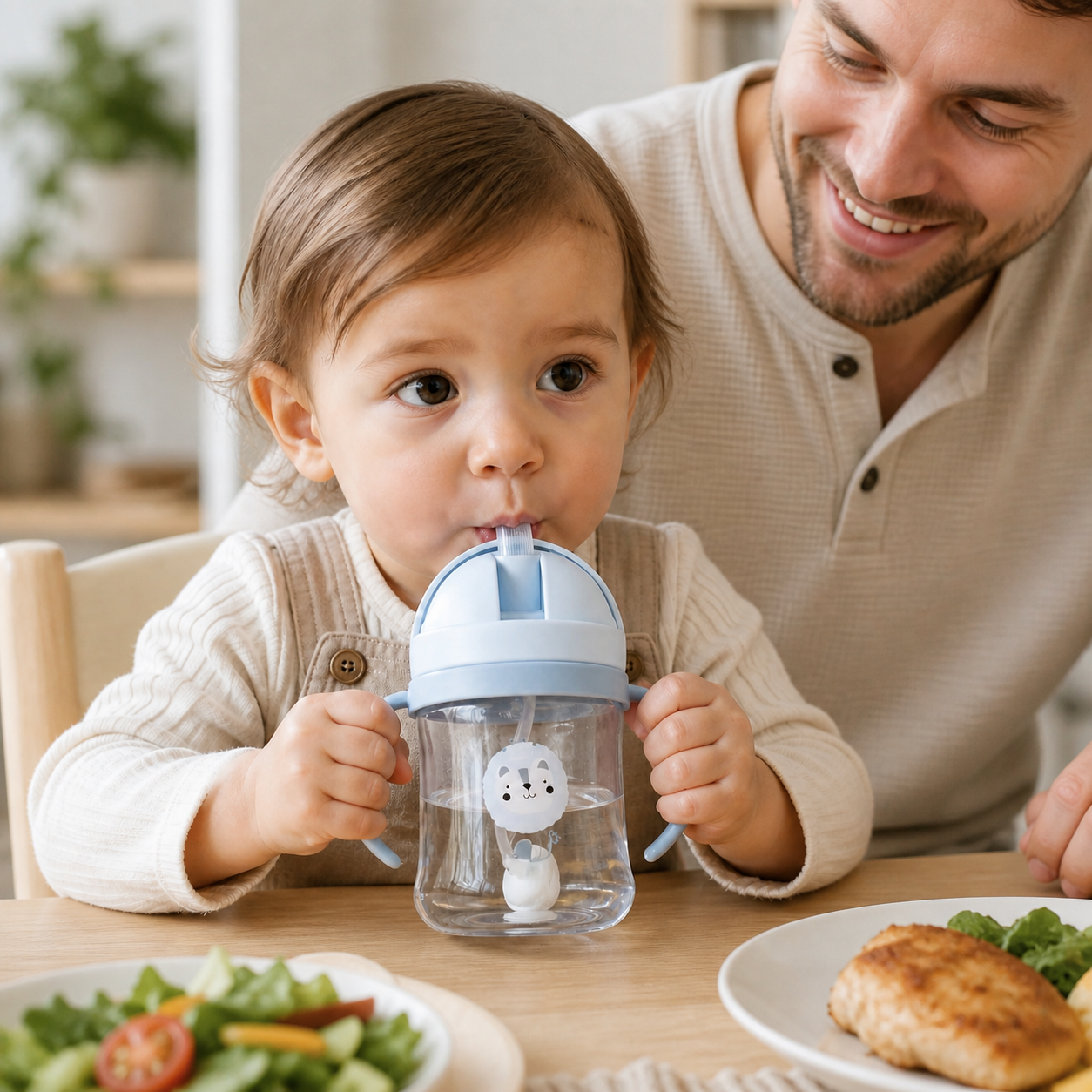 Supervised toddler holding a clear pale-blue cartoon straw cup with both handles during a meal.
