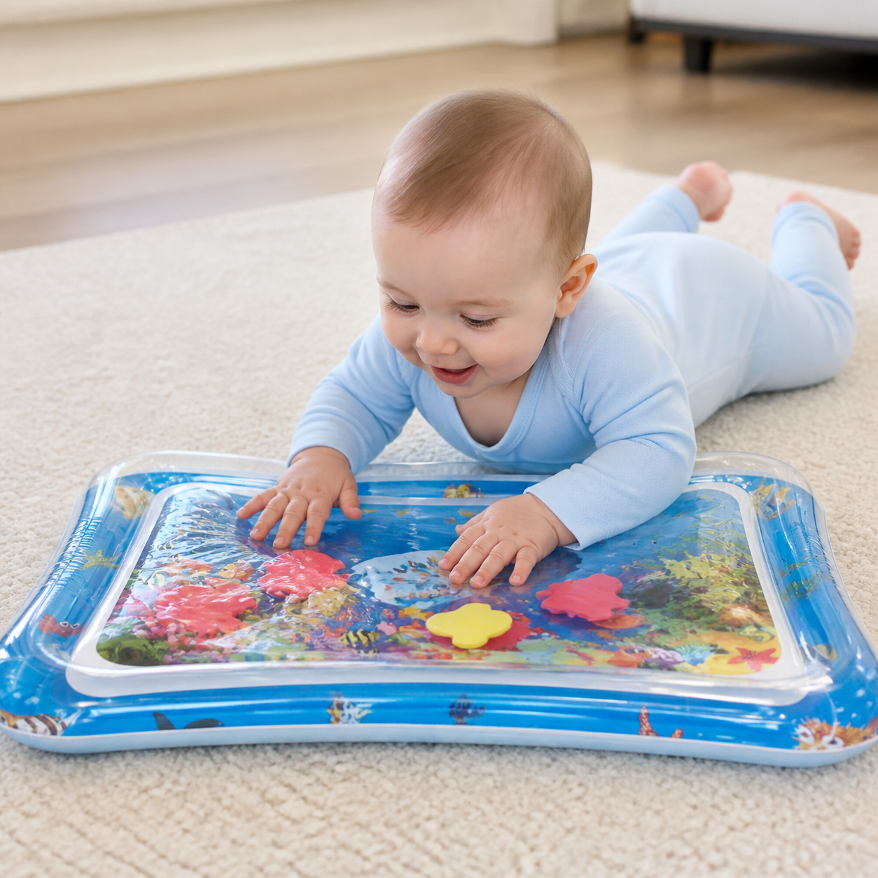 Baby Water Play Mat Inflatable Cushion PVC Infant — close low-angle detail of baby’s hands pressing the sealed mat as floating shapes move underneath