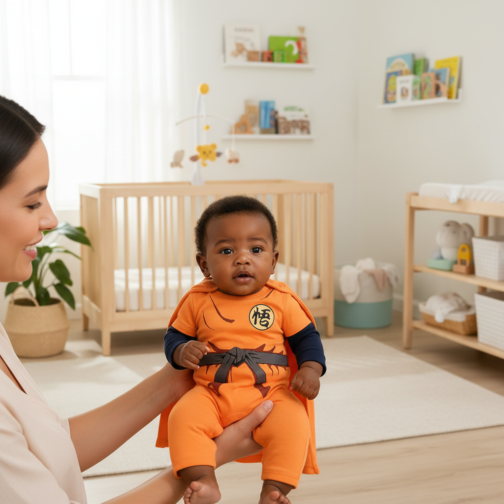 Orange cape-style baby romper in a warm family nursery setting