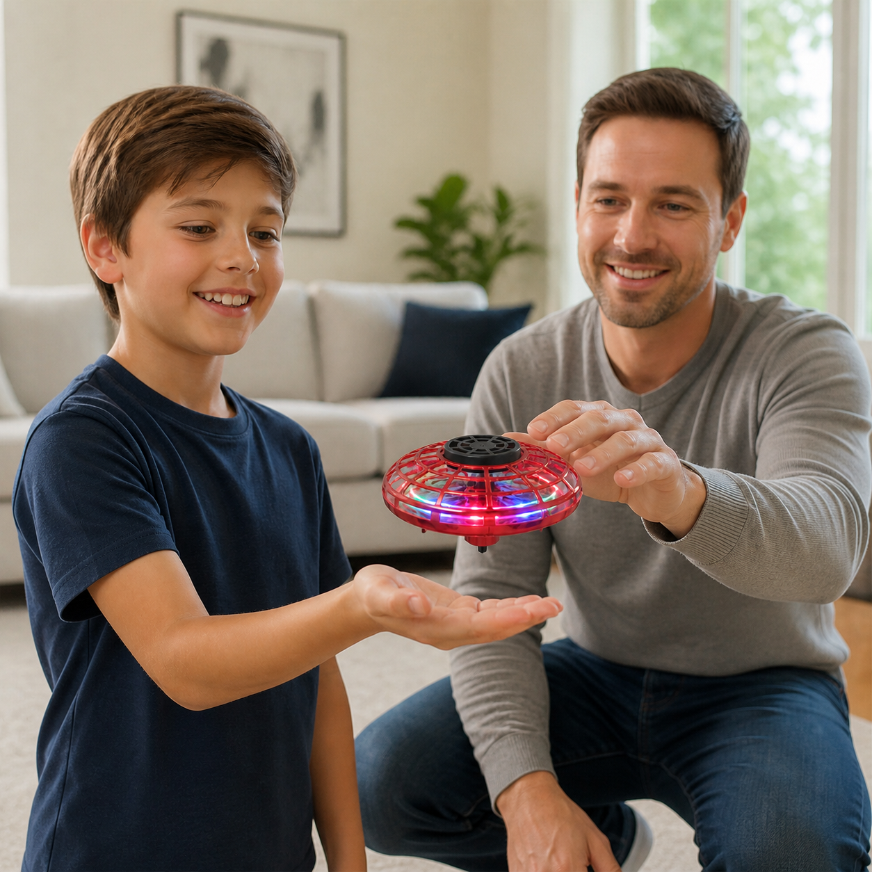 LED Flying Ufo Spinner Fingertip Upgrade Flight Helicopter — child launching the red spinner gently above an open palm while parent supervises