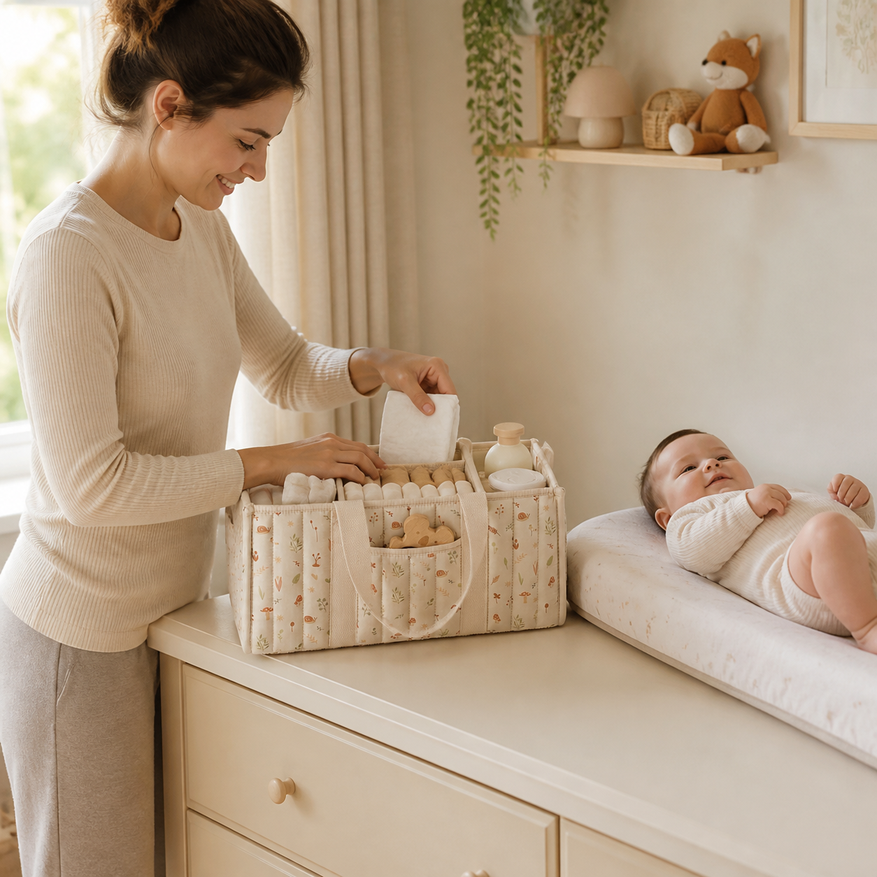 Parent reaching for a diaper from the beige botanical organizer beside a supervised baby