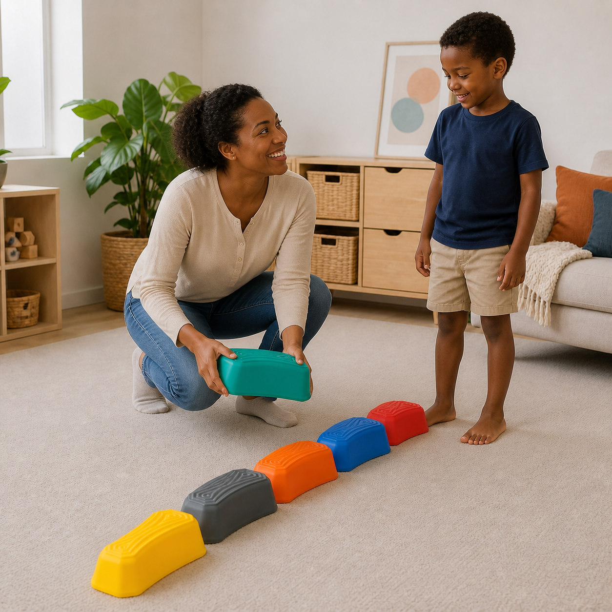 Six curved sensory stepping stones used for supervised indoor balance play