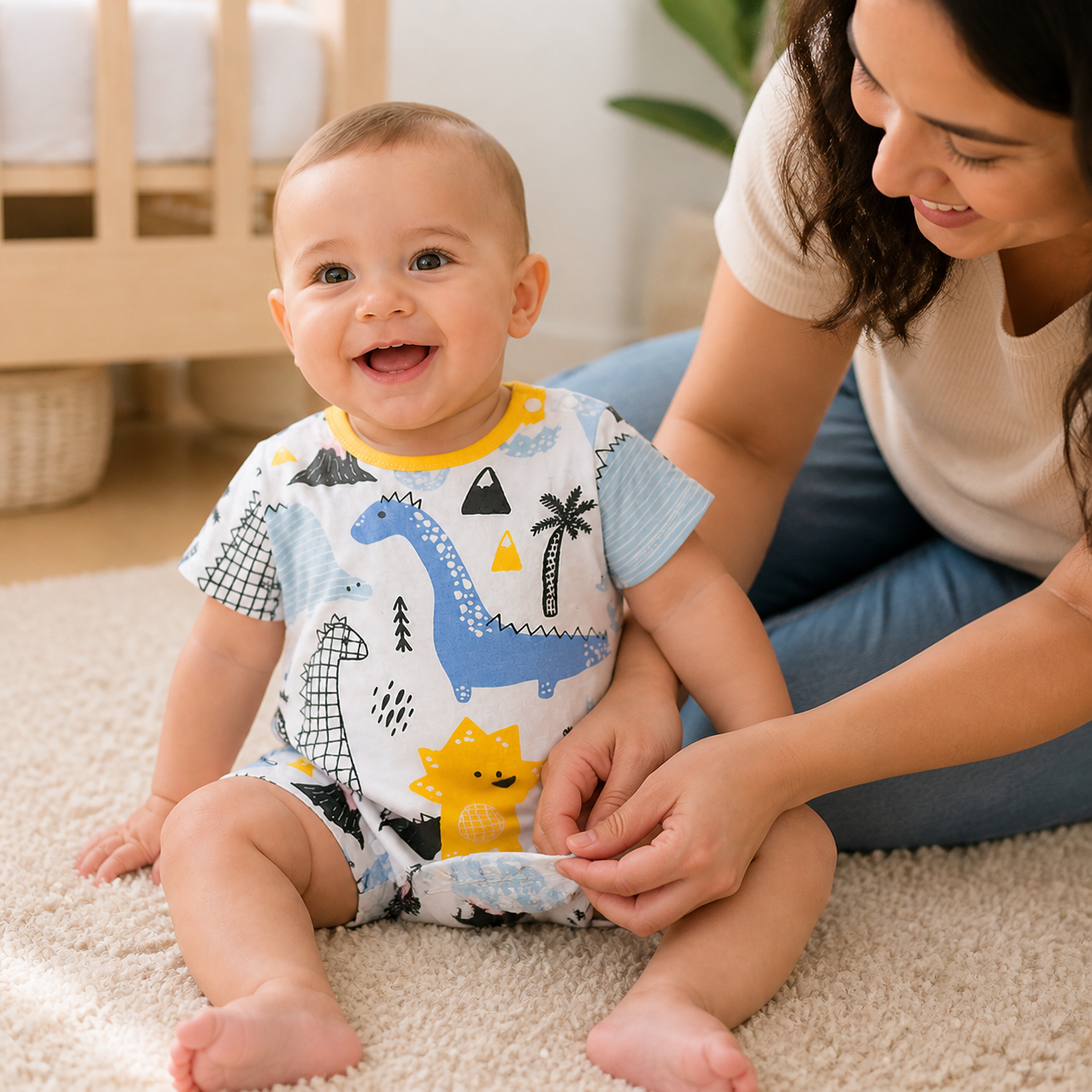Short Sleeve Print Baby Clothing Cartoon Dinosaur Printed — parent fastening the bottom snaps during a calm getting-dressed routine, respectful framing