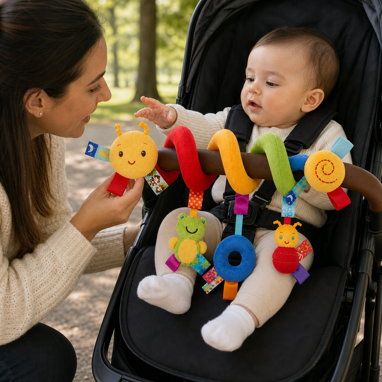 Activity Musical Spiral Crib Stroller Car Seat Travel — parent engaging the seated infant with the attached spiral toy during a calm park stop