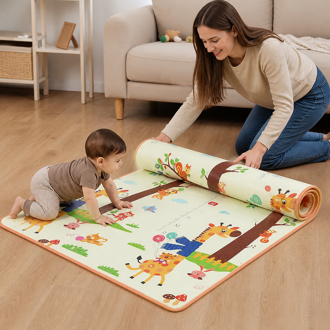90cm Baby Play Mat Epe Activity Gym Kids — parent rolling or lifting the compact mat after floor play in a normal living room