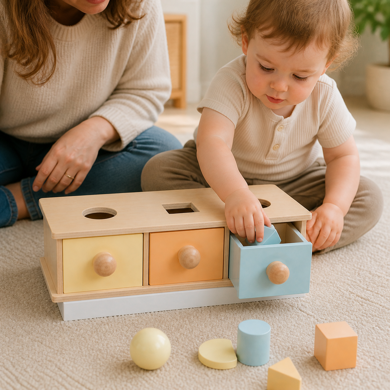Play Kit Montessori Object Permanence Box Coin Carrot — close view of the child opening one front drawer to retrieve the dropped object, box fully supported