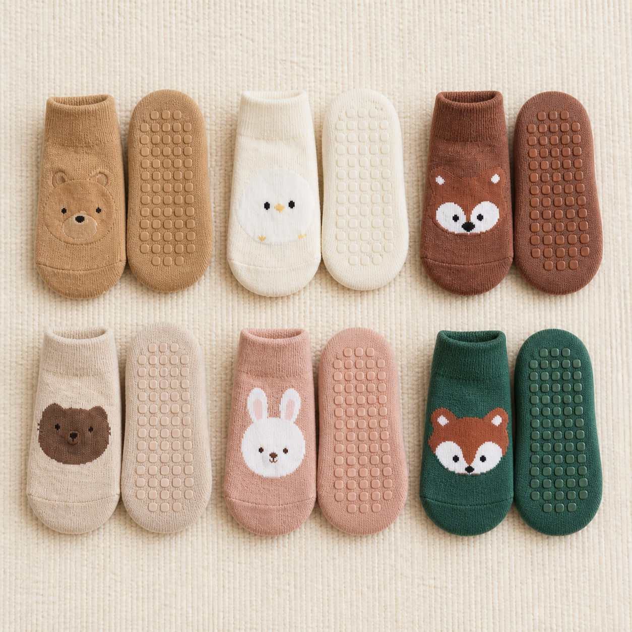 Exactly six matched pairs of children's animal ankle socks arranged on a cream rug