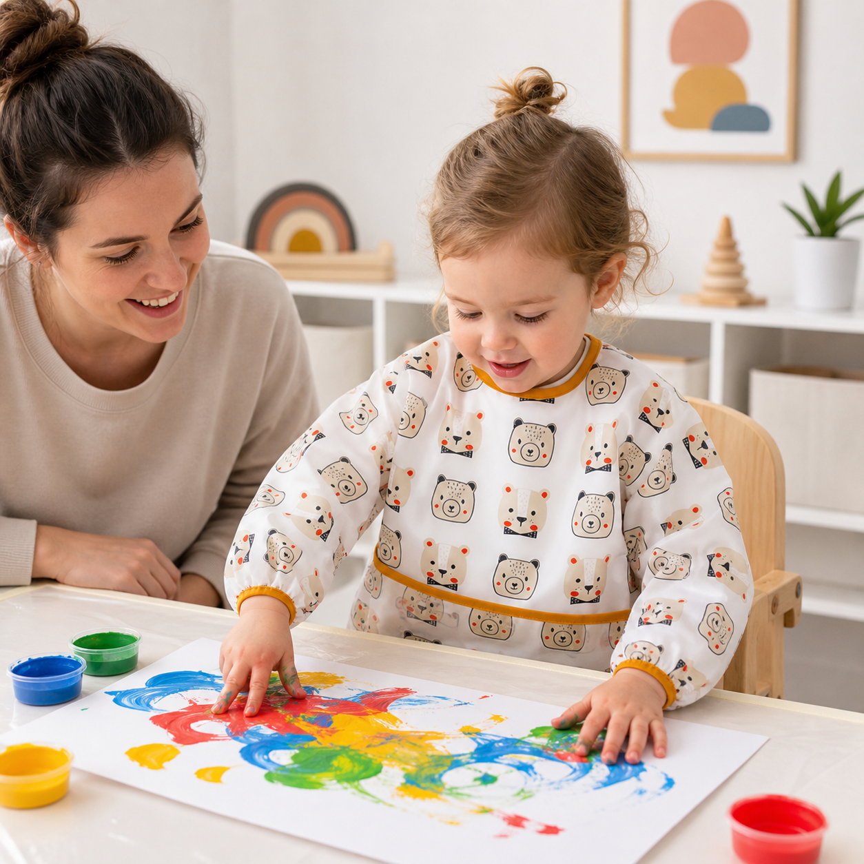 Toddler wearing the bear-print smock during supervised art play