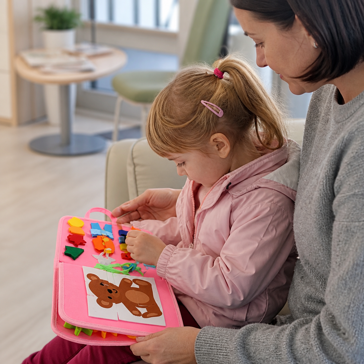 Montessori Kids Travel Toy Felt Activity Quiet Books — parent and child using the quiet book together during a calm waiting-room moment