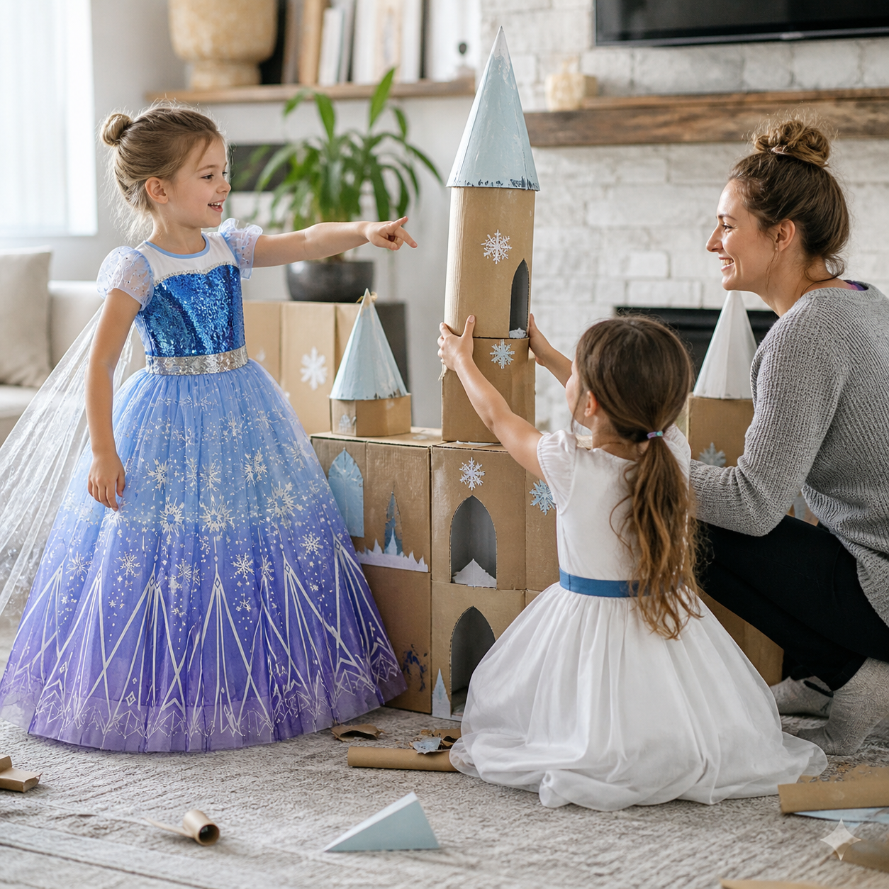 Child in the blue-lavender snowflake costume leading a collaborative cardboard ice-palace game