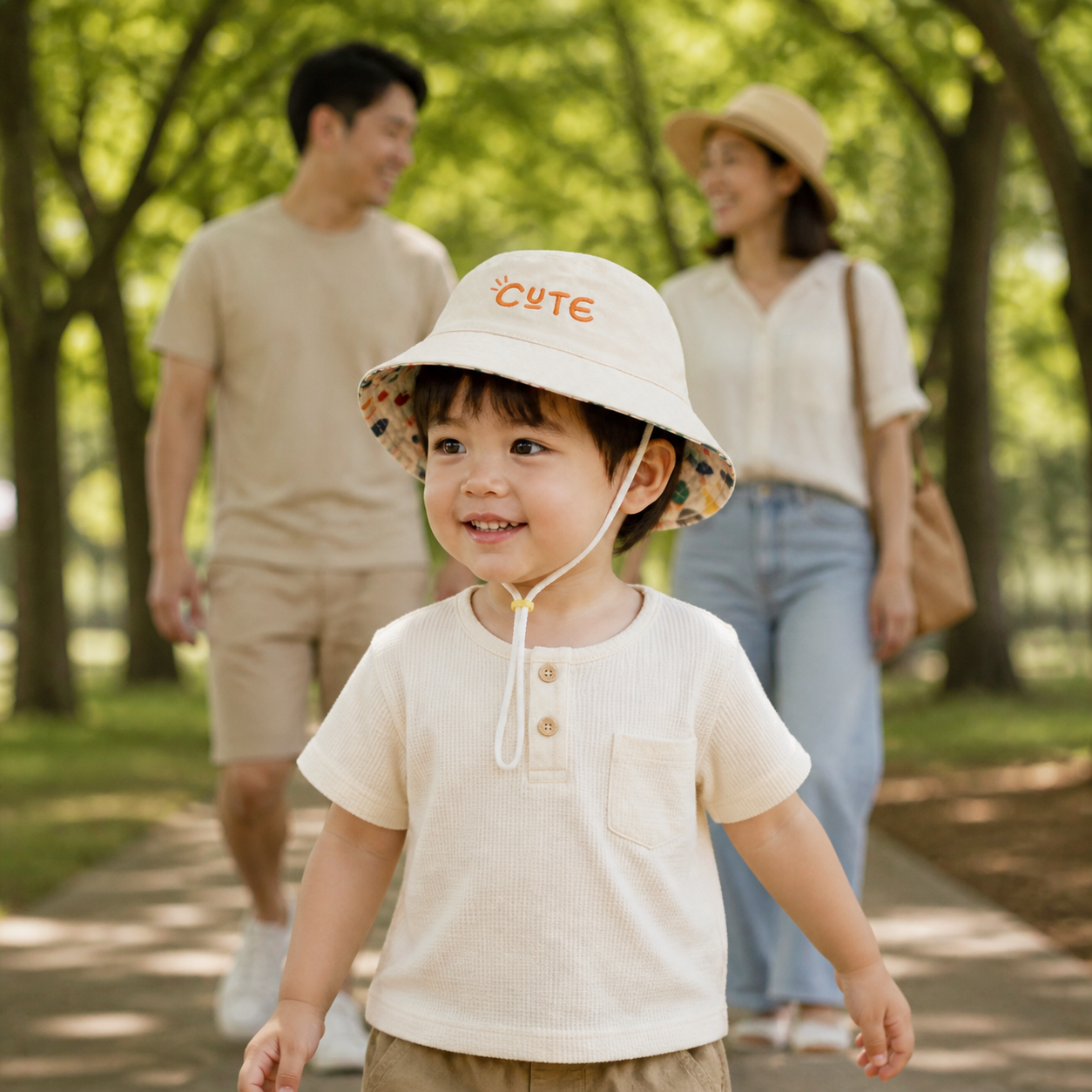 Young child wearing the beige CUTE side of the reversible bucket hat outdoors
