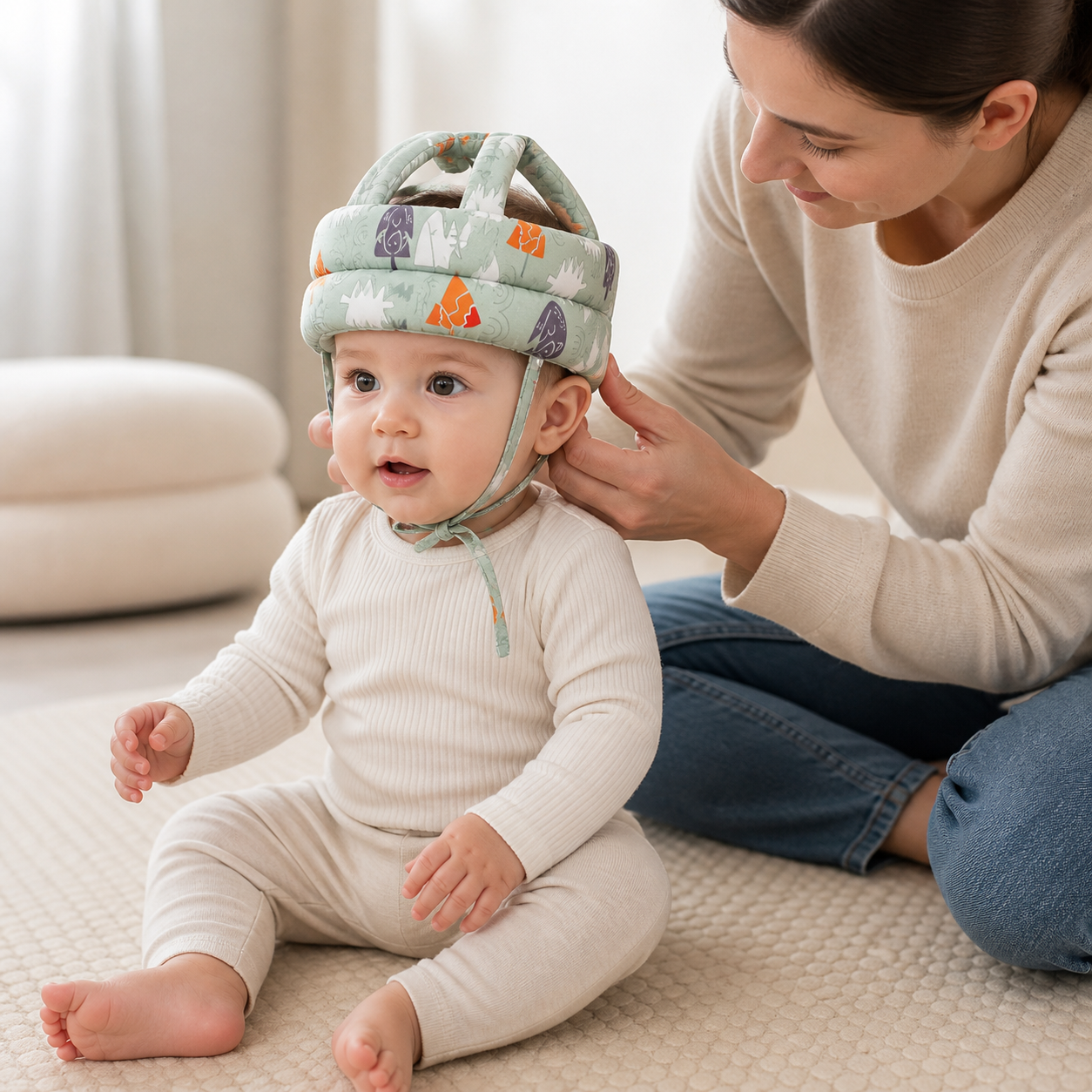 Baby Safety Helmet Head Protection Hat Soft Comfortable — parent checking the fit of the mint padded hat on a seated baby on a floor mat