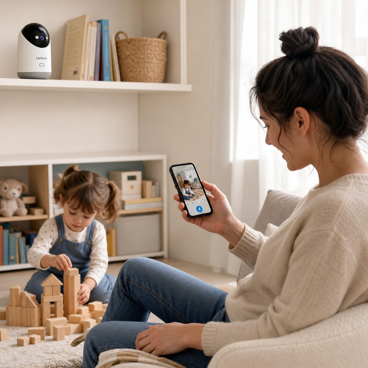 Lenovo 5mp 5g WiFi Camera Indoor Home Security — parent using two-way audio while a preschool child plays calmly, camera visibly out of reach