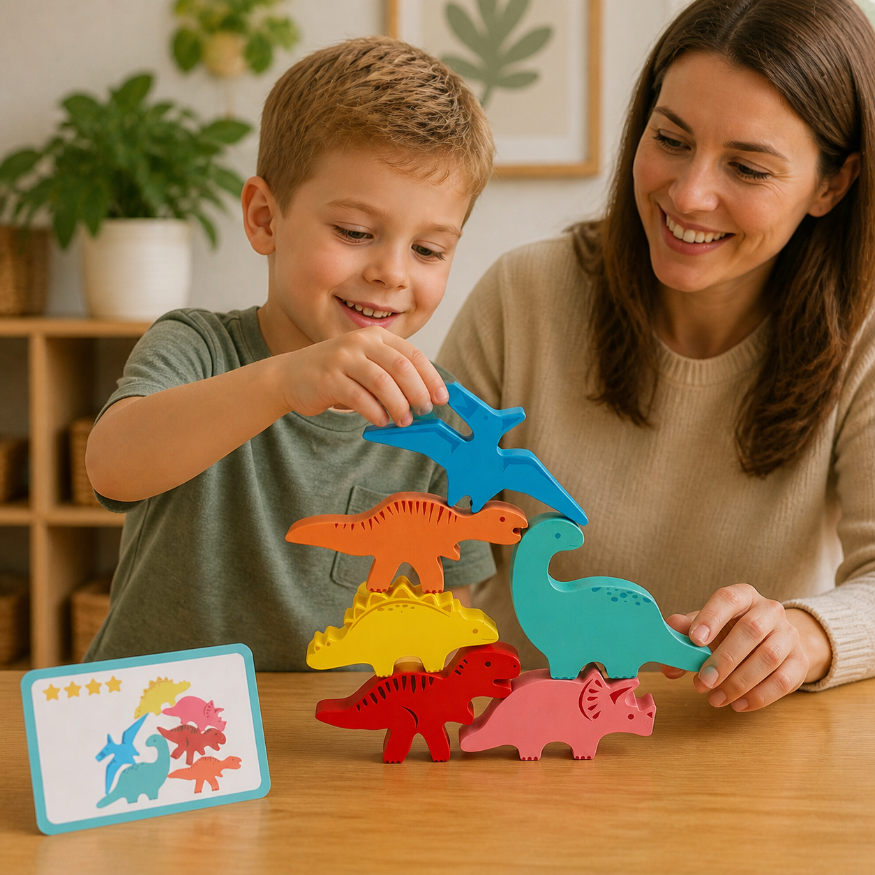 Young child carefully stacking six colorful flat wooden dinosaur pieces