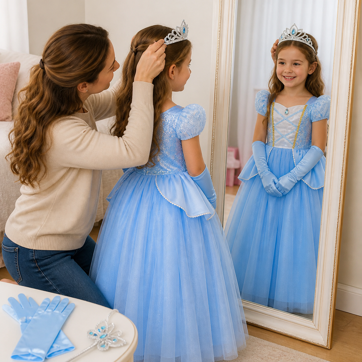 Parent placing the silver-blue tiara on a child wearing the pale-blue princess dress in front of a mirror