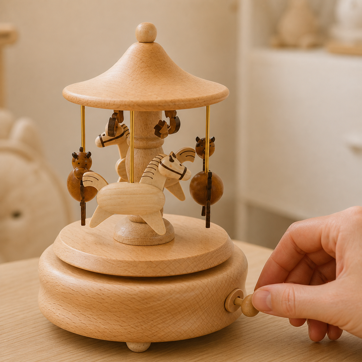 Close detail of the crank, wood grain and horse ornaments on the wooden carousel music box