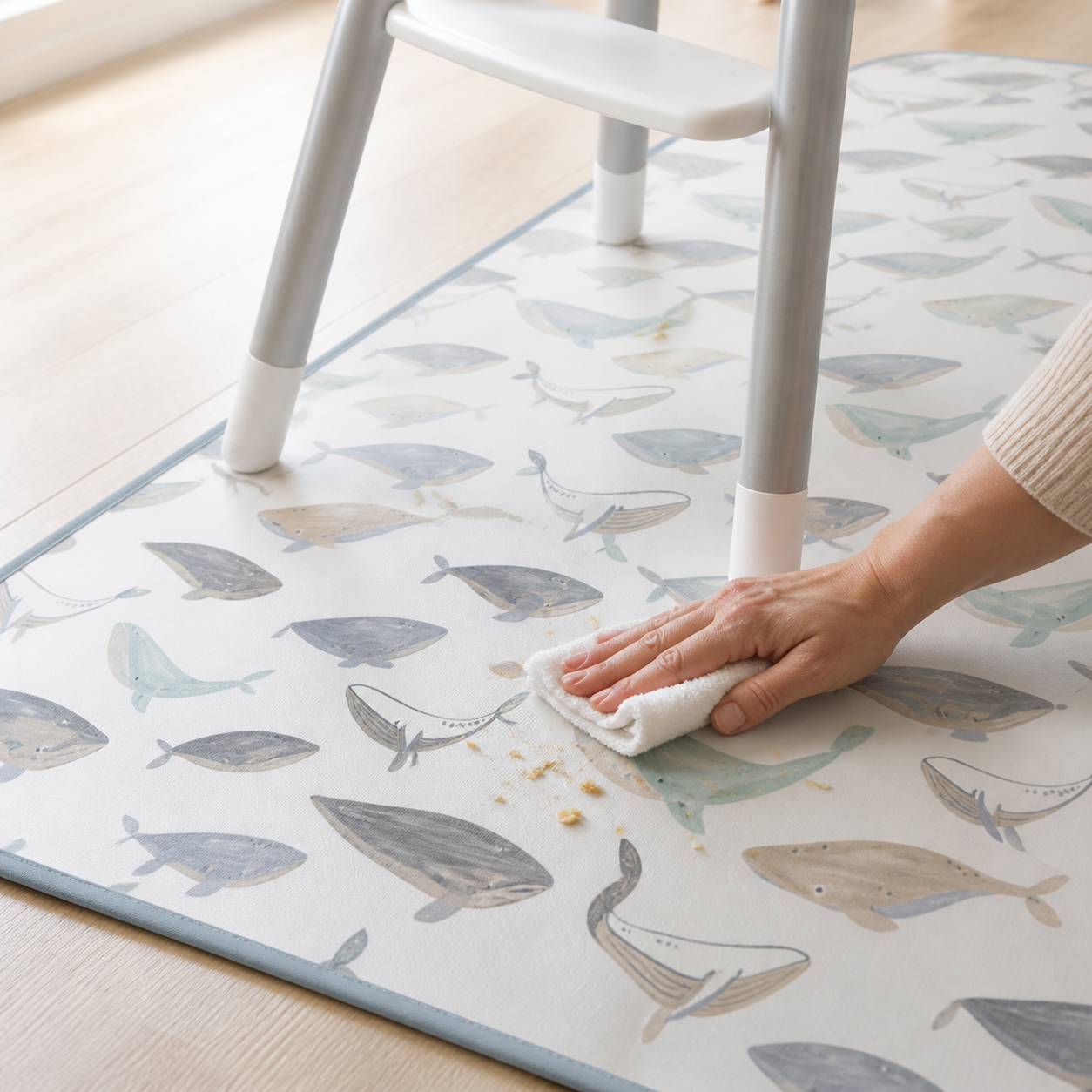 Adult hand wiping crumbs from a white whale-patterned high-chair splat mat.