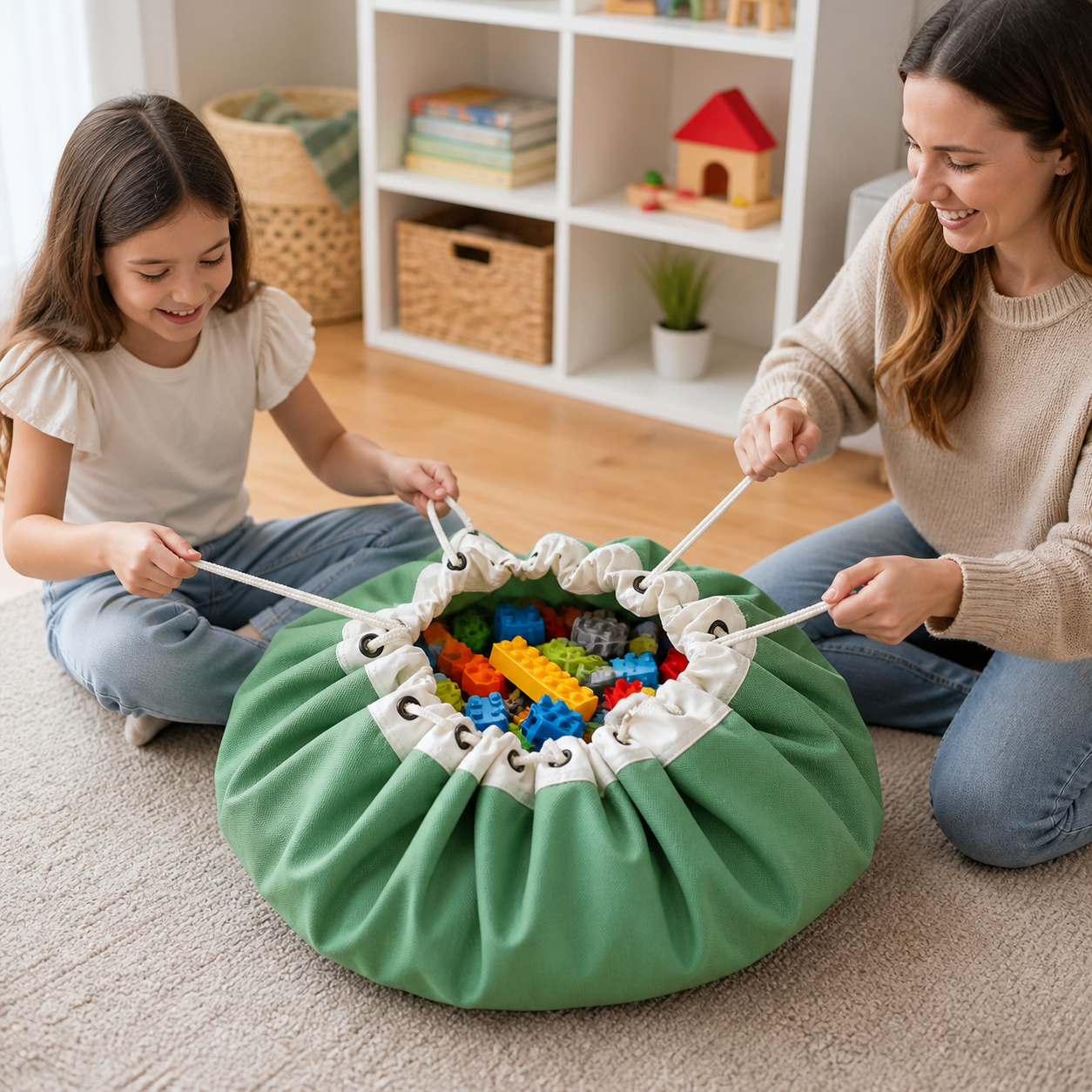 Parent and child gathering the L Green toy mat into its drawstring storage-bag form