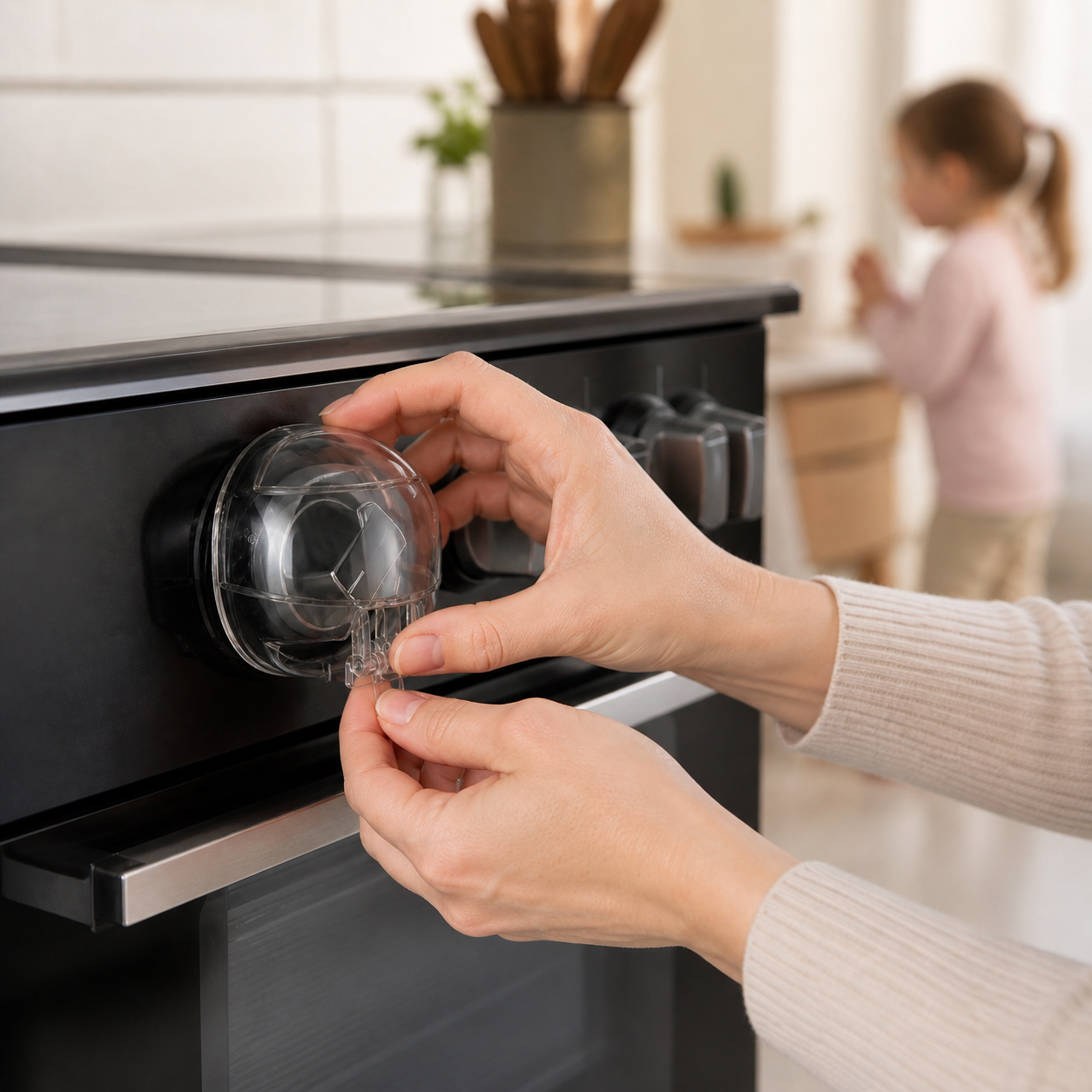 Stove Knob Covers Safety Plastic Kitchen Guards Universal — adult installing the clear hinged cover over a cool stove knob, product fully visible