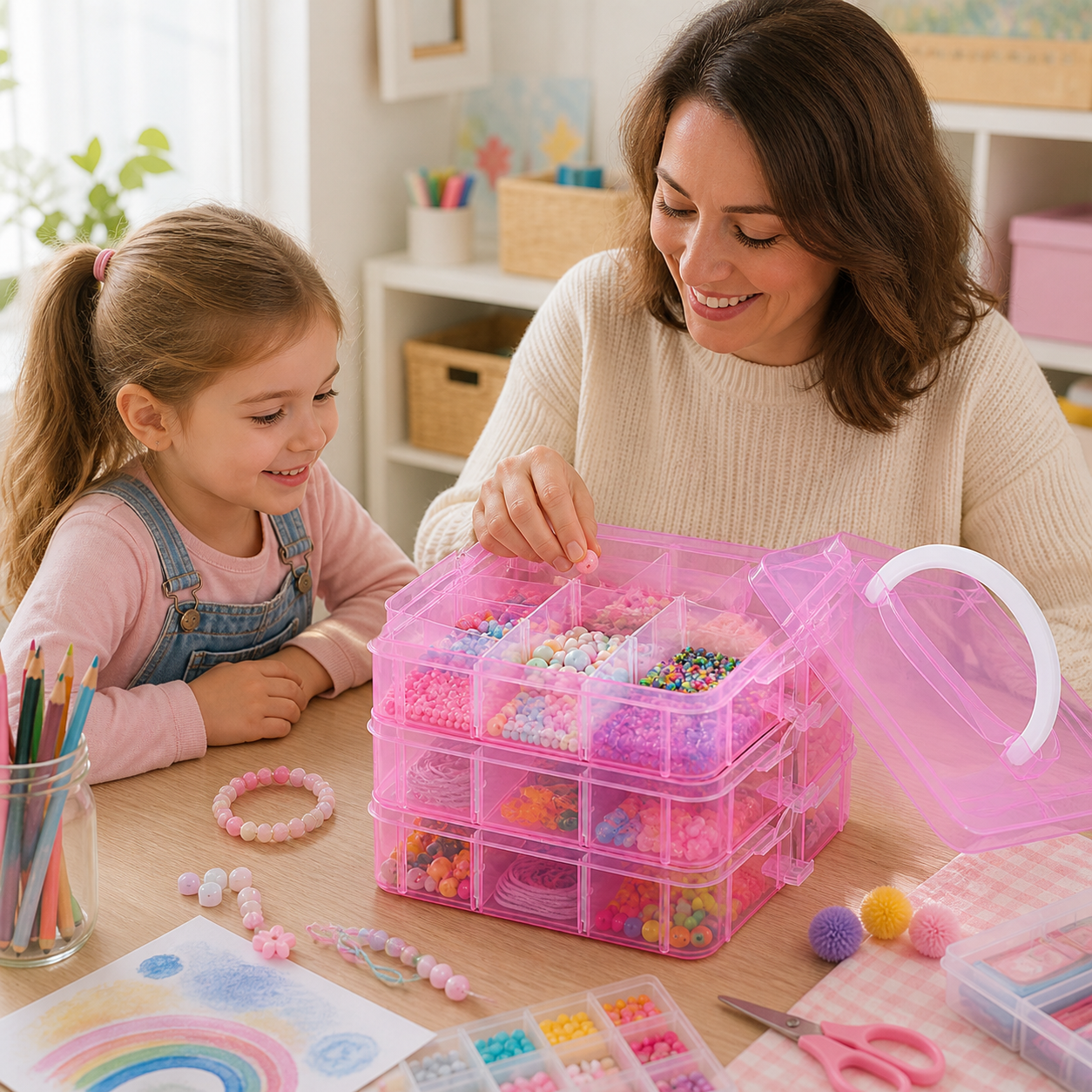 Transparent three-tier compartment organiser holding colourful craft supplies on a family activity table.