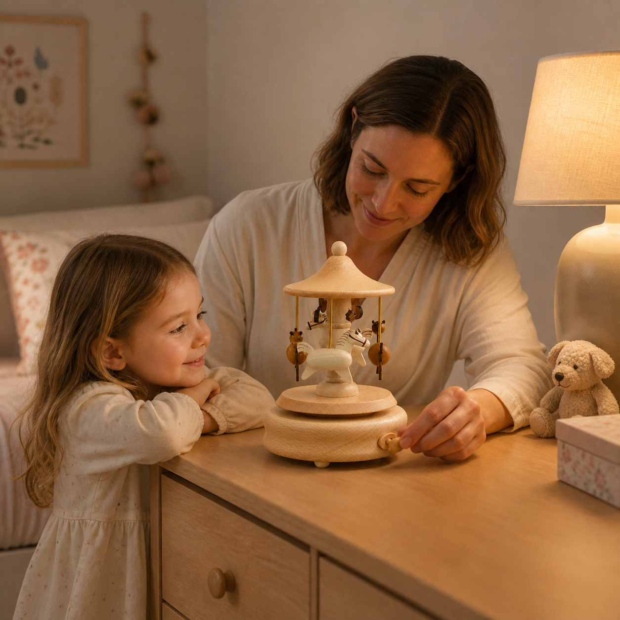 Parent and child sharing a calm bedtime moment with the wooden carousel music box