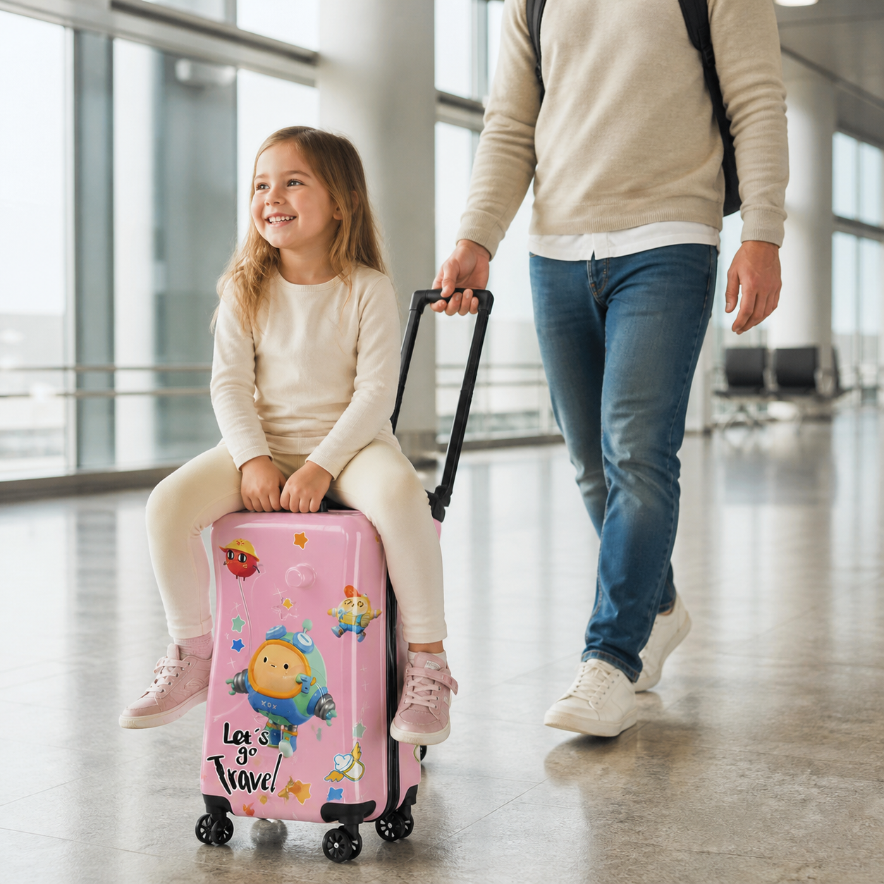 Cartoon Ride-On Suitcase Inch - Kids TSA Lock — child seated correctly on the pink ride-on suitcase while parent gently pulls it at walking speed through a quiet airport concourse