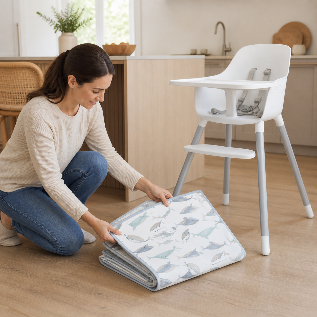 Parent folding a clean whale-patterned splat mat beside an empty high chair.
